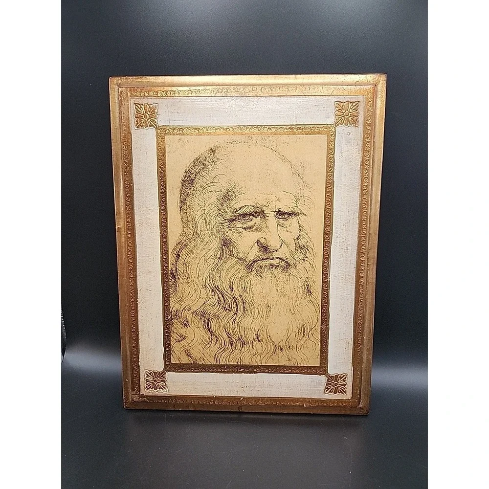 Vintage Gilt Wood Italian Florentine Plaque Leonardo DaVinci's Portrait Of A Man